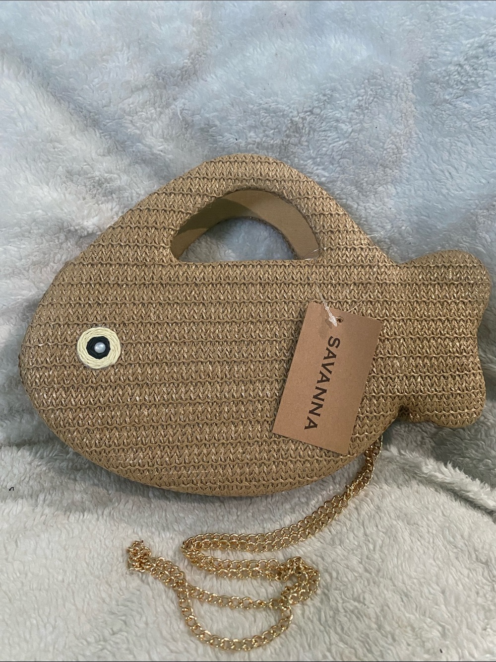Savanna Woven Straw Fish Crossbody Bag with Gold Chain
